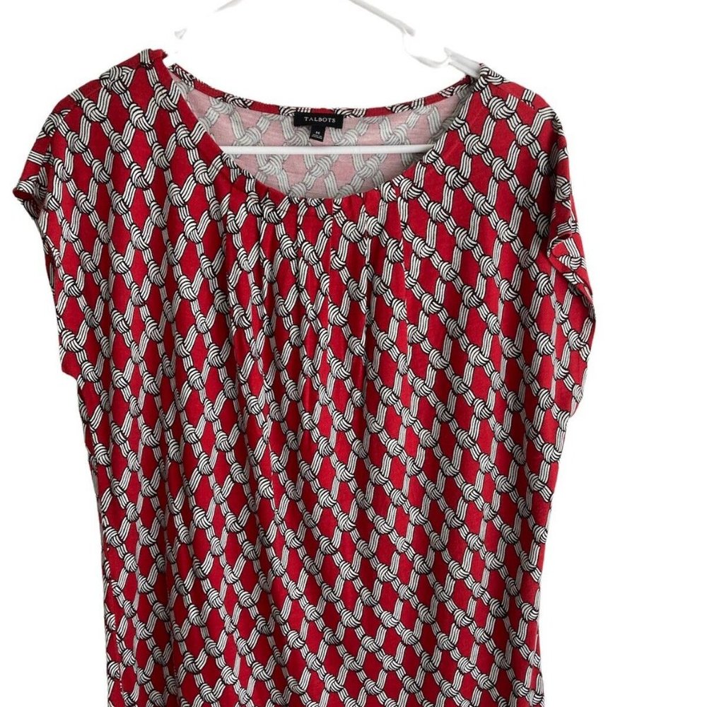 Talbots Womens Geometric Red Top Blouse Size Medium Cap Sleeves